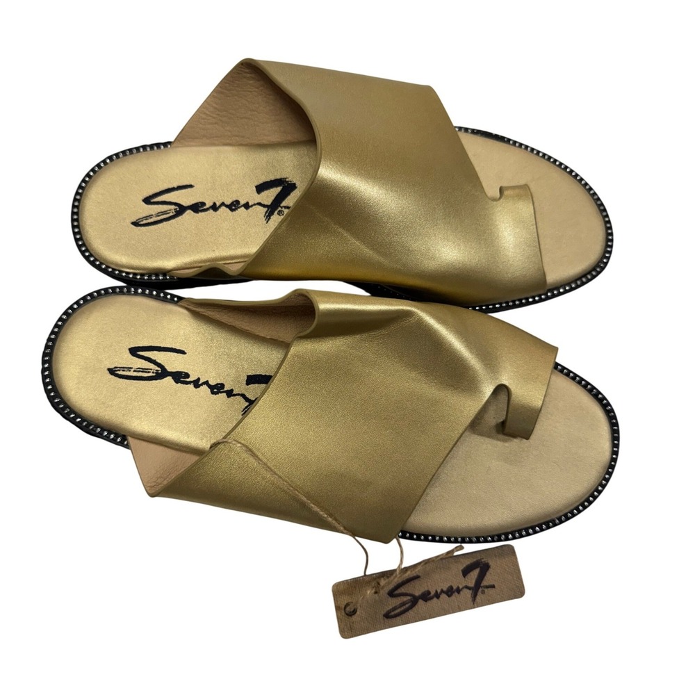 Seven7 St Germaine Gold Metallic Slide Sandals Toe Loop Beaded Trim‎ Womens 10